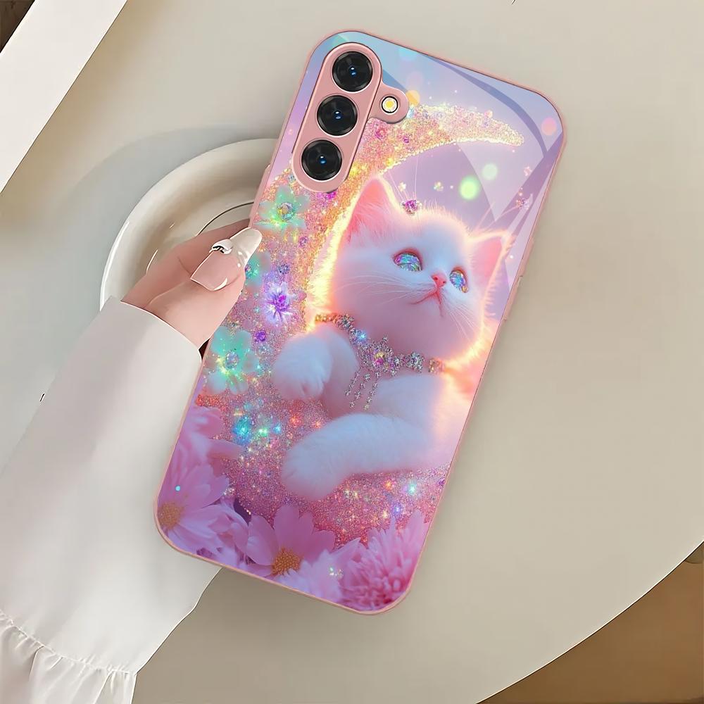 Cute cat pattern glass phone case suitable for Samsung Galaxy S26 S25 S24 S23 S22 S20 FE/Ultra/Plus shockproof back cover