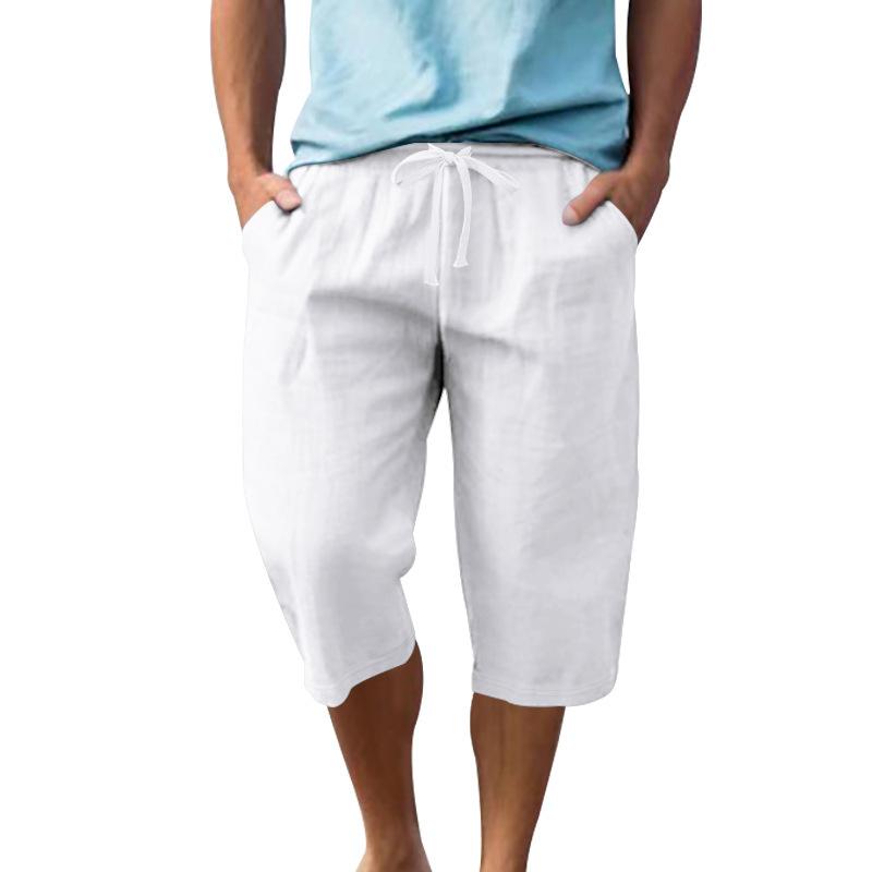Summer Men's Loose Simple Solid Color Casual Linen Breathable Sports Beach 7-point Shorts