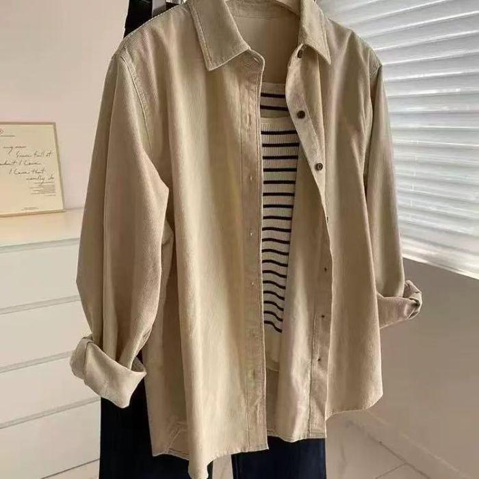 Women's Retro Corduroy Shirt Jacket: Spring/Autumn Loose Casual Long Sleeve Layering Top