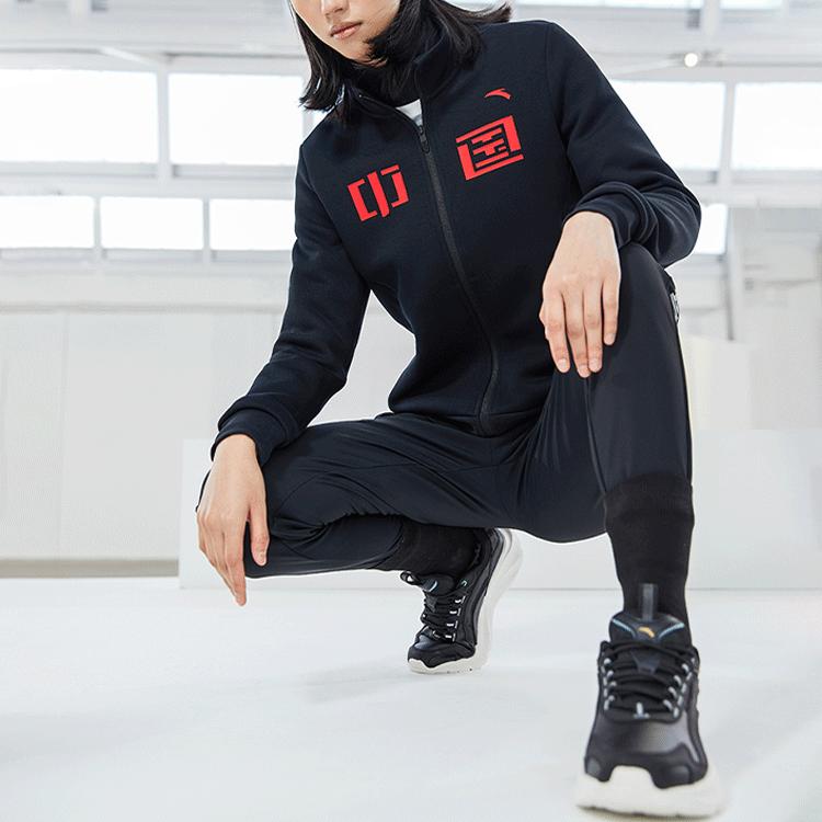 Anta Solid Color Stand Collar Sports Zip Jacket Women Outerwear Black 162217756-4