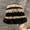 Bohemian style color woven plush edge basin hat women's autumn and winter thickened warm knitted sweet face small bucket hat