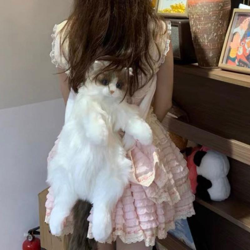 Superrealistischer Drei-Blumen-Katzen-Rucksack, rein handgefertigt, niedliche Katzen-Plüschpuppe, Einkaufstasche, Reiseaufbewahrung, Make-up-Tasche, Geburtstagsgeschenk