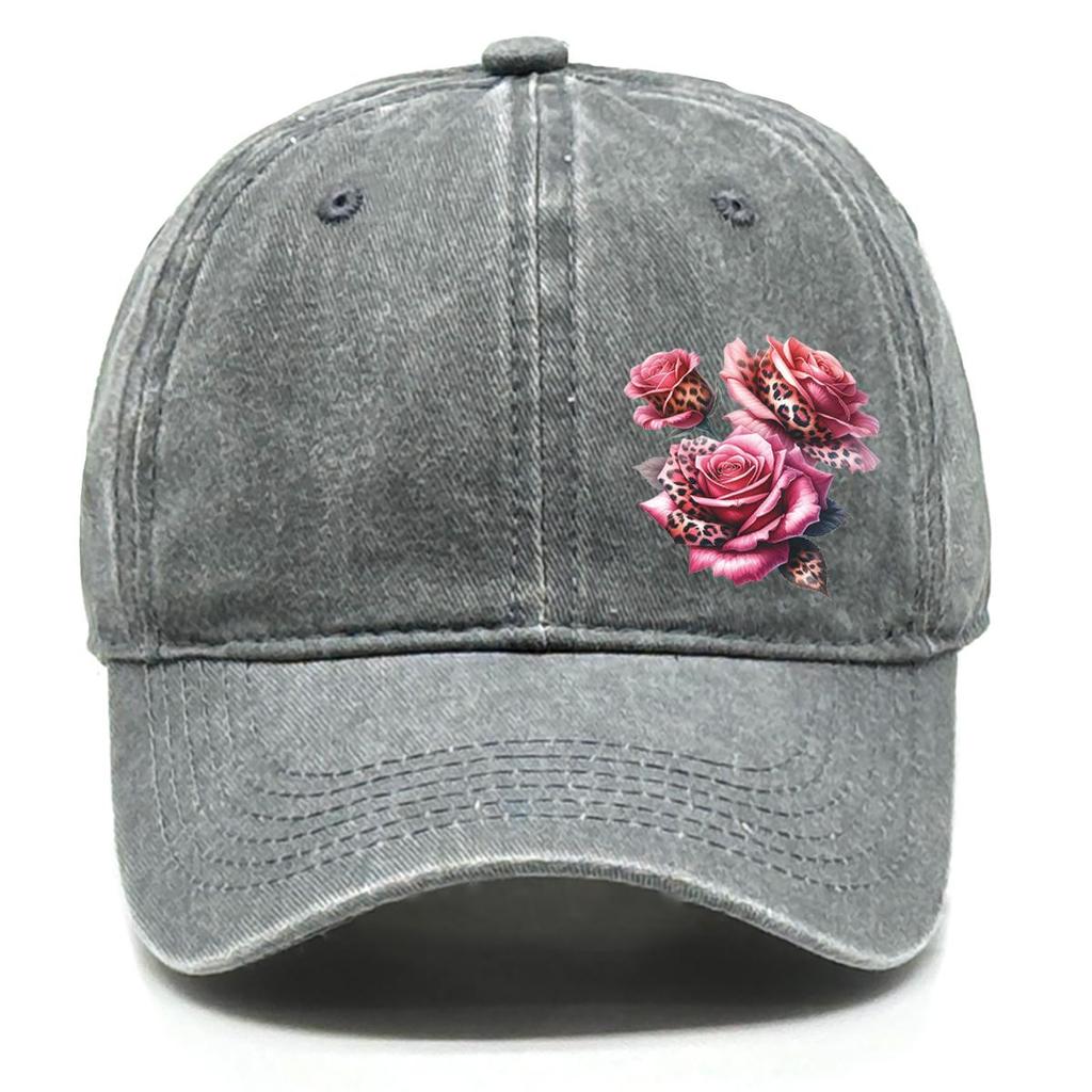Leopard Rose Print Adjustable Sun Hat, Flower Woman's Cap Raw Brim Stylish Unisex Non-Stretch Fabric Snapback Baseball Hat