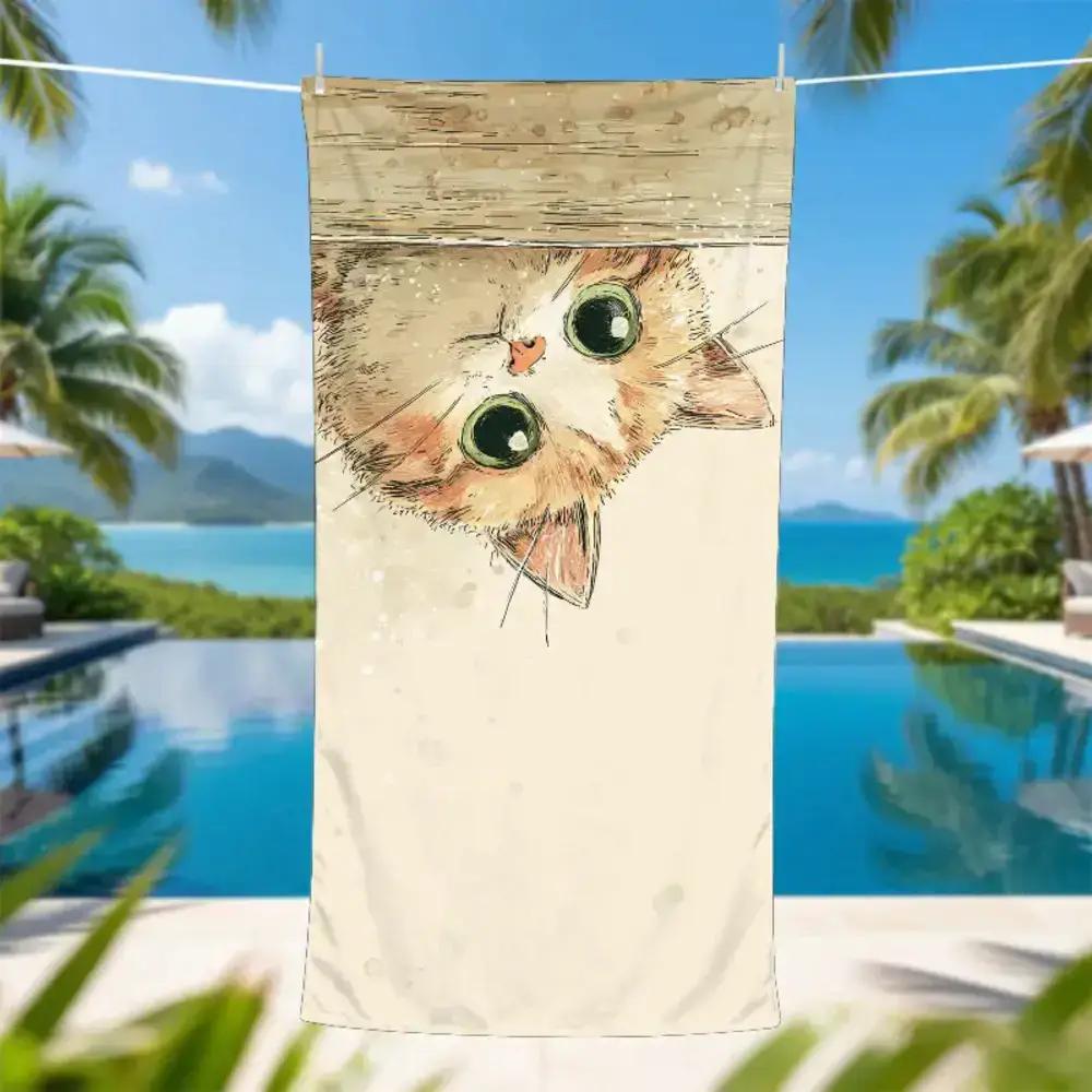 1pc Cat Behavior Lecture Theme Beach Towel, Cute Pet Day Beach Towel, Soft, Absorbent, Quick-Drying,Scratching Board Wear Area