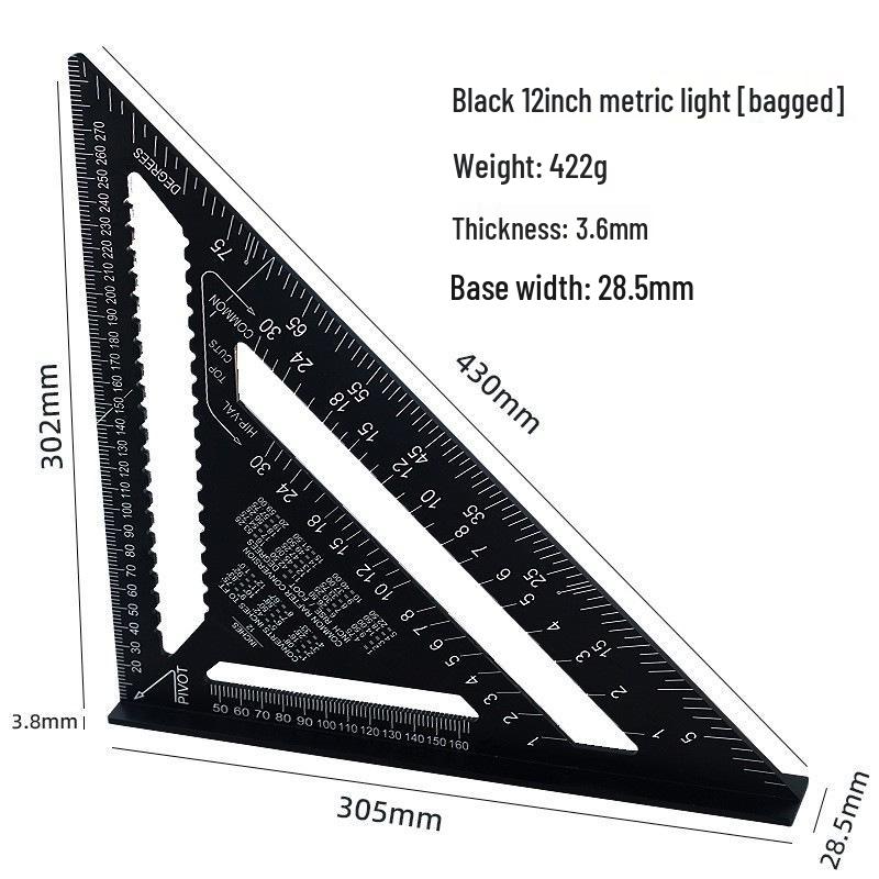 7/12" Aluminum Triangle Ruler: Woodworking, Imperial/Metric, Black Oxide, 90°/45° Right Angles.