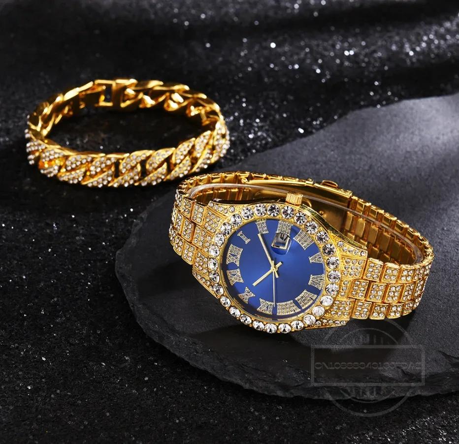 1/2pc Watch Bracelet Hip Hop Stainless Steel Gold Color Calendar Watch for Men Iced Out Paved Rhinestones Men Watch Reloj Hombre