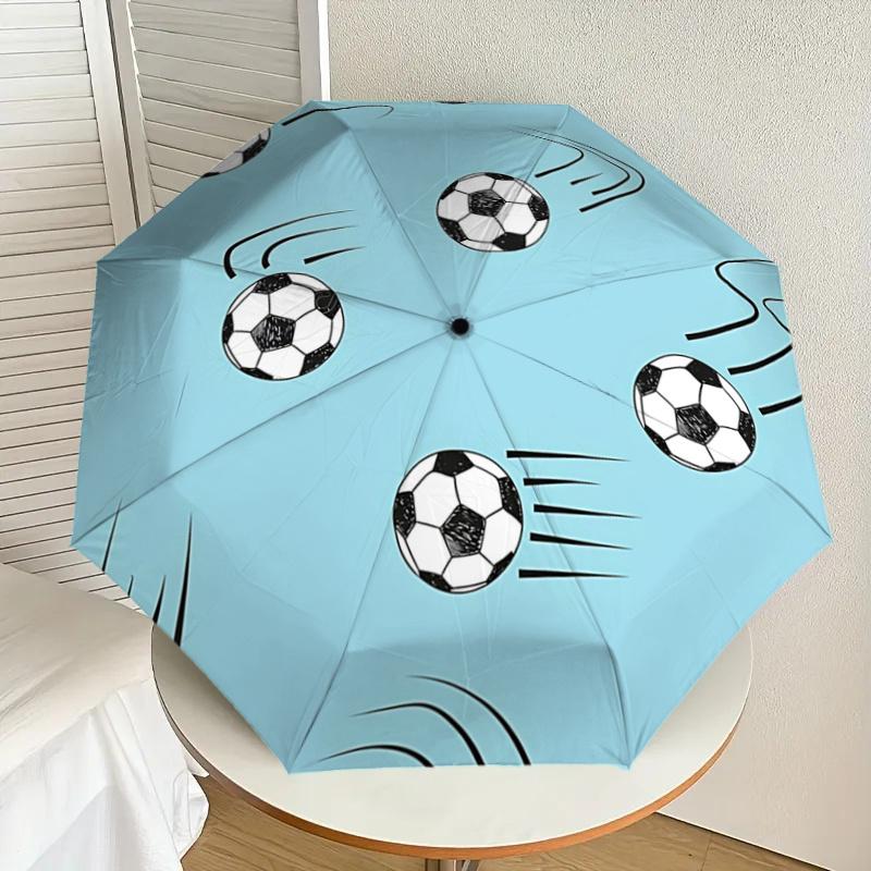 Soccer Ball Pattern Automatic Opening/Closing Umbrella with Convenient Three Fold Design,8 Bone Iron Frame Outdoor Umbrella Perfect Gift