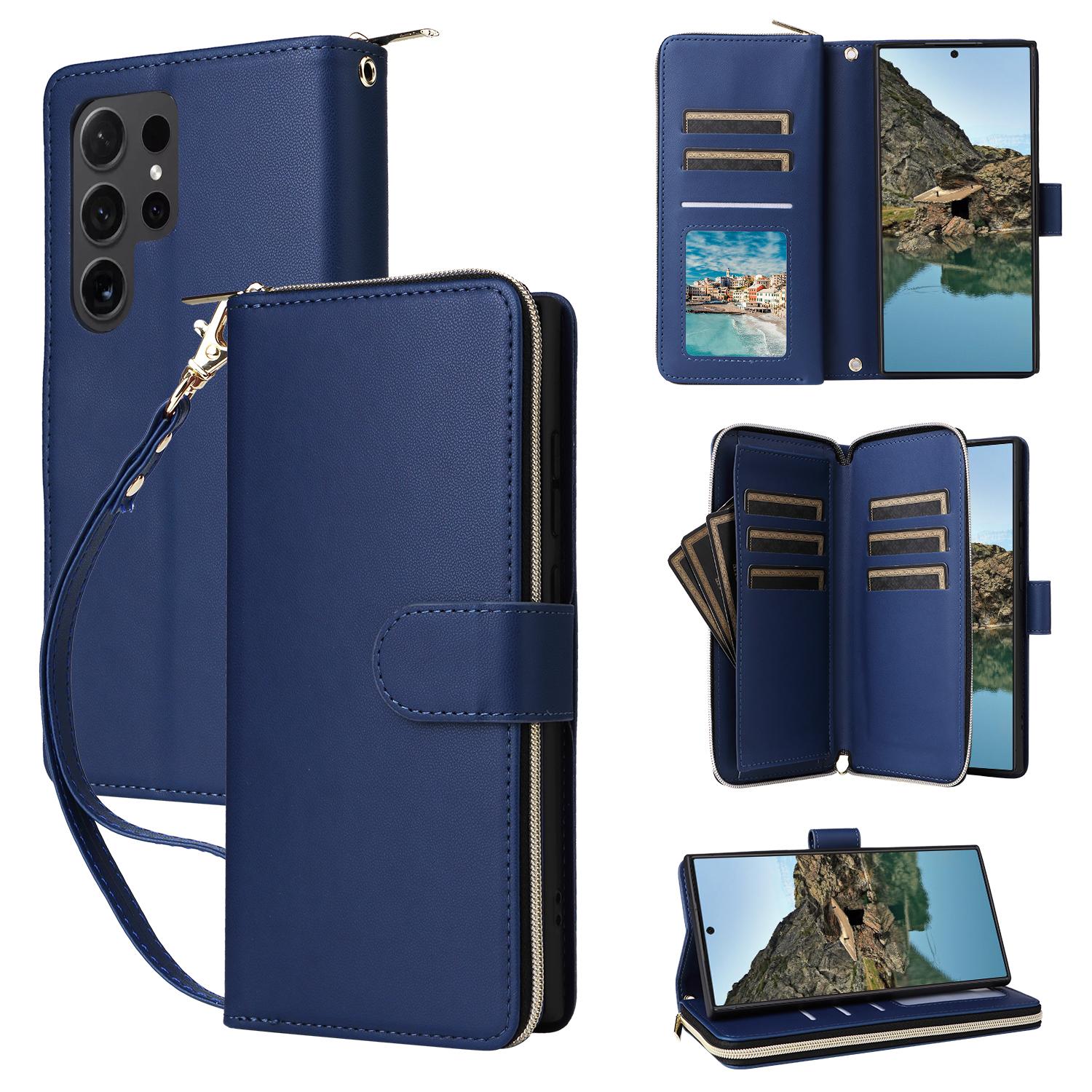 

R20 For Samsung Galaxy S24 Ultra Case PU Leather Zipper Pocket Phone Cover Blue