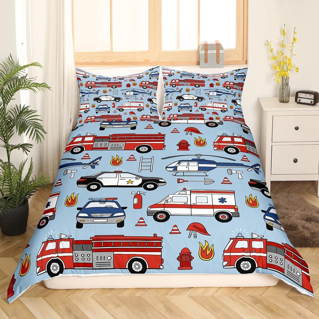 Cartoon Car King Queen Duvet Cover Colorful Transportations Bedding Set Cute Truck Train Sailboat Rocket Polyester Quilt Cover