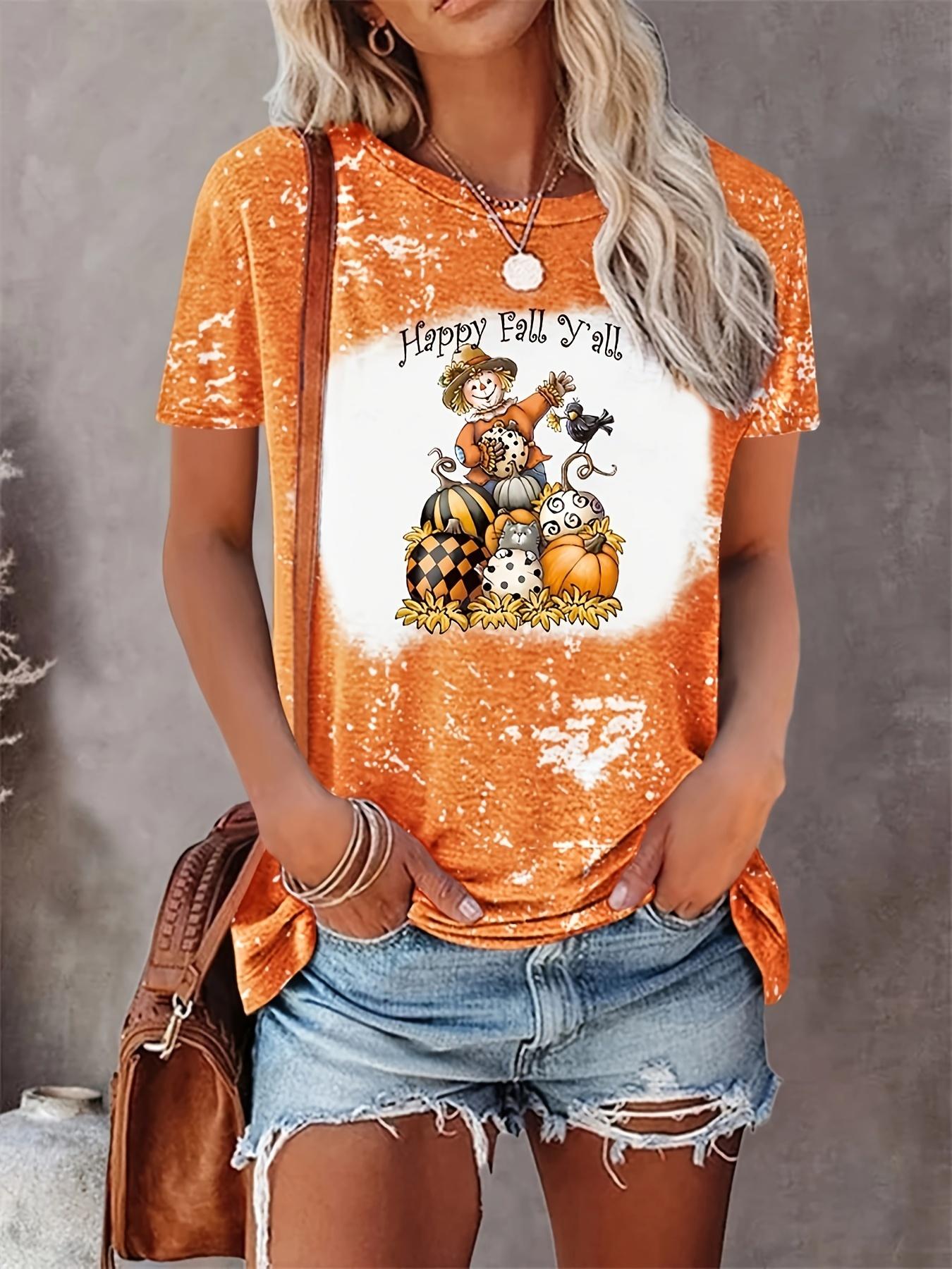 Футболки с принтом тыквы и кота Женская футболка Оранжевый женский топ Модный круглый — фото 9