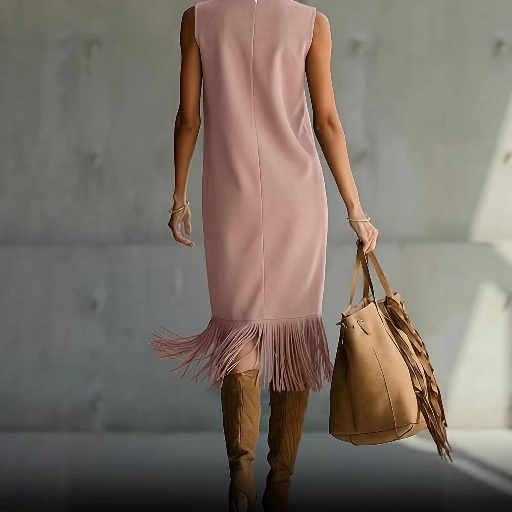 European & American Style Sleeveless Suede Plush Tassel Dress for Women - Autumn/Winter Fashion Slim Fit Long Dress (2026 Model)