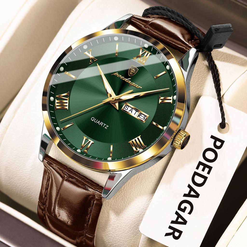 POEDAGAR Business Brand Men Clock Waterproof Luminous Date Week Fashion Man Wristwatch Leather Luxury Men's Quartz Watches Reloj