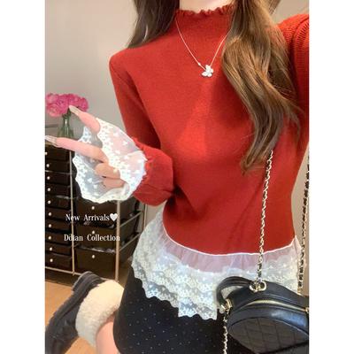 Autumn and Winter Fungus Semi-turtleneck Lace Skirt Sweet Andy Fleece Knitted Sweater Women's Top Backing Sweater