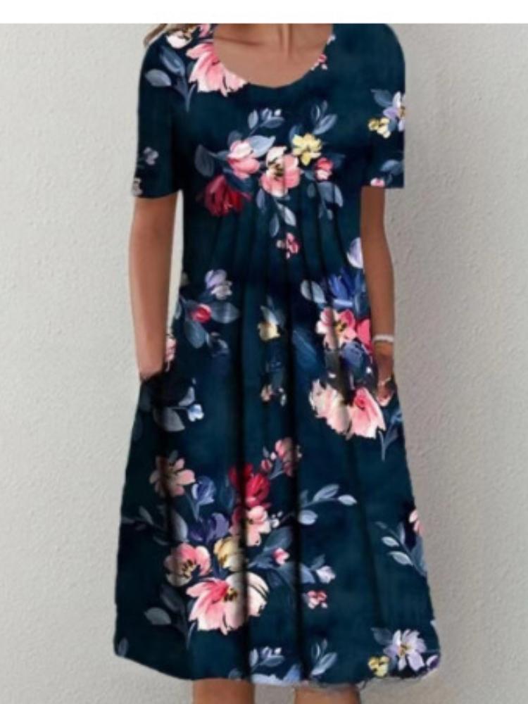 

Женское летнее платье с цветочным принтом, с коротким рукавом, круглым вырезом, миди, повседневное А-силуэта XXL