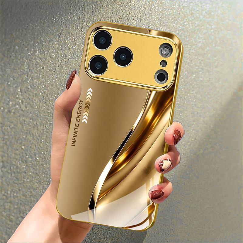 Coque de téléphone en verre motif courbe métallique de luxe peinture métallique dorée pour iPhone 17 Pro Max 11 12 13 14 15 16 Plus 17Air 16E Housse