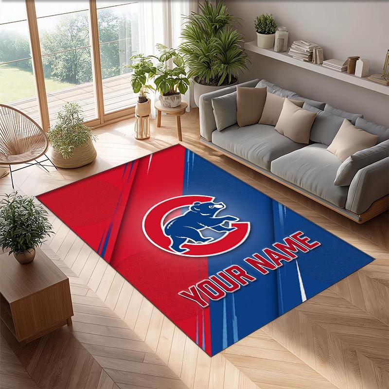 Chicago Cubs Crystal Velvet Rug, Custom Name Text Personalized Non‑Slip Floor Mat for Home Decor Gift