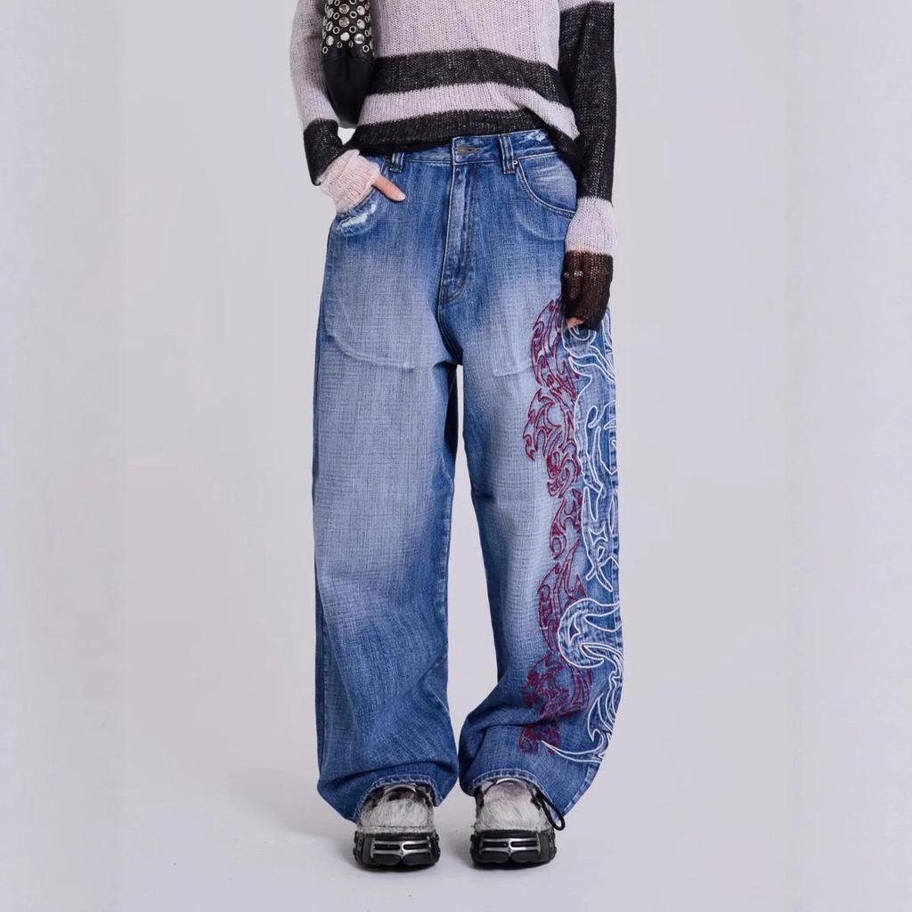 Y2K Embroidery Design Loose Floor-Length Unisex Jeans