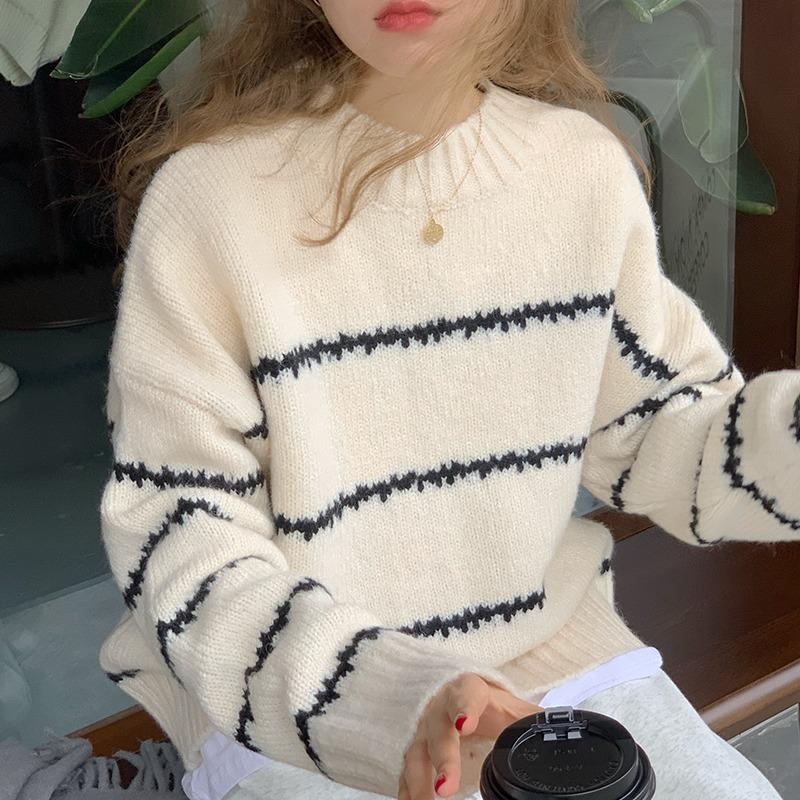 Retro Round Neck Loose Autumn Pullovers Sweaters Women Fashion Long Sleeve Striped Knitted Sweater Ladies Elegant Slim Jumpers Winter Clothing 25534