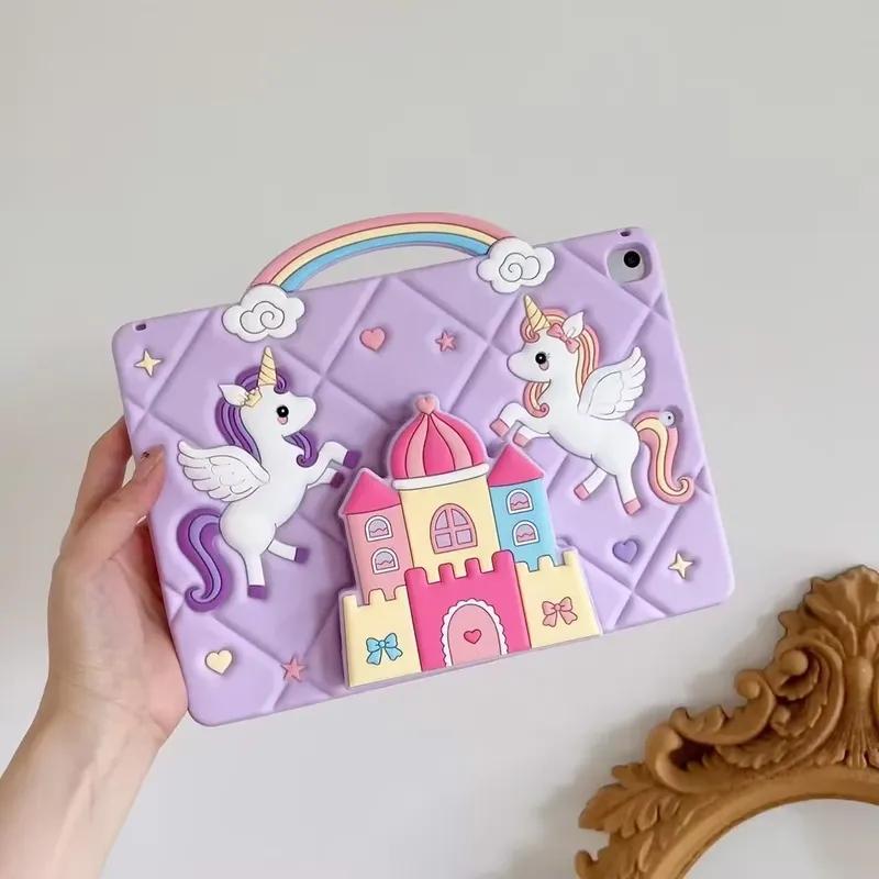 Kids Case for Ipad Pro Mini Air Redmi Pad and Samsung Galaxy Tab A7 Lite T220 A8 X200 A9 X110  A9+ X210 Castle Unicorn Cover with Telescopic Stand