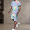 Men Plus Size Round Neck Short Sleeve Multicolor Printed T Shirt And Pocket Shorts Two Piece Set