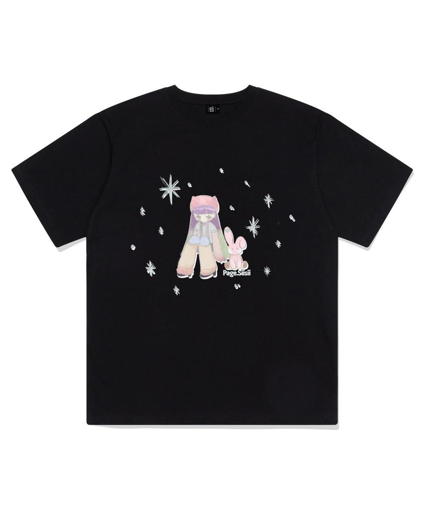 PAGESIISII Rabbit Friends Illustration Print Short Sleeve T-Shirt Black