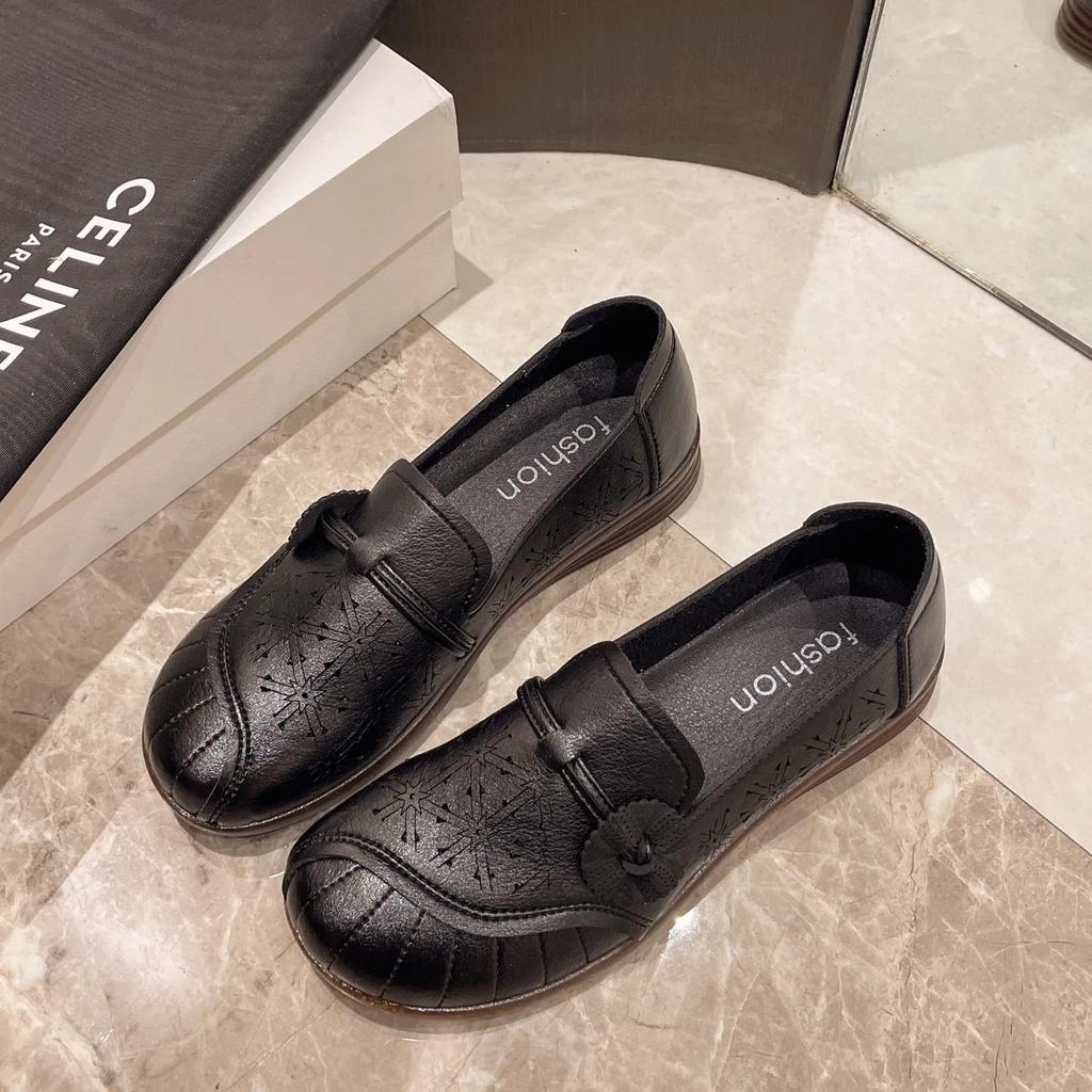 Fashion 2024 Flowers Hollow Moccasins Mother Ladies Designer Ballet Flats Summer Woman Leather Loafers Retro Style Women's Shoes