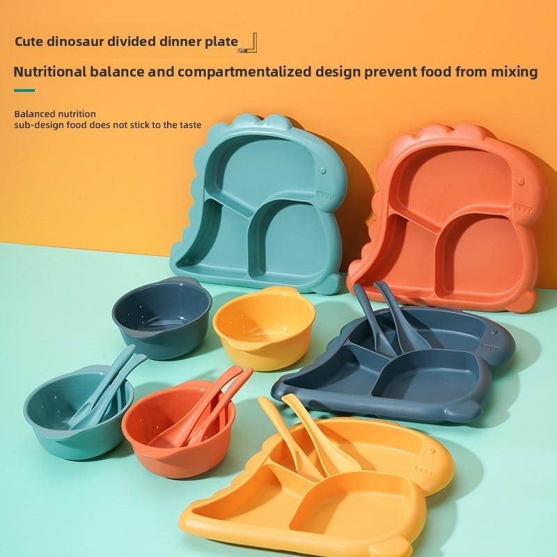 Cartoon Dinosaur Three Compartments Dinner Plate Spoon Fork Bowl Cutlery Set For Kids