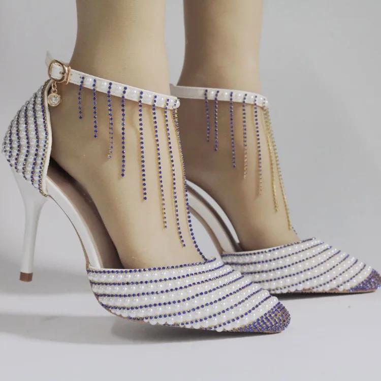 Fashion New Gold Rhinestone String Bead Tassel High-heel Sandals Sweet Girl Take Wedding Photographs  Stage Performance High Heels Shose