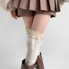 Women Japanese Student Winter Warm Cotton Over Knee Long Socks Elegant Ruffled Lace Top Bowknot Thigh High Stockings