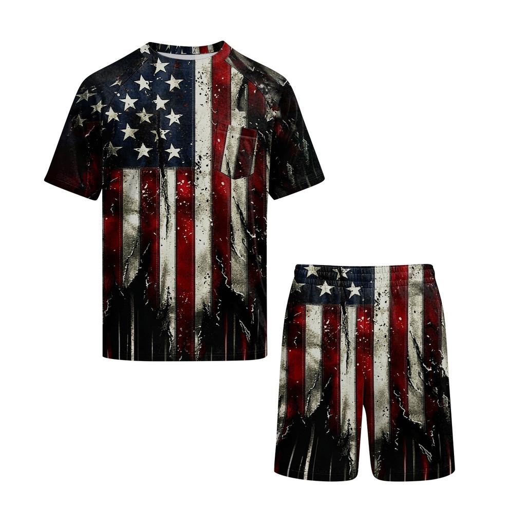 Men's Short Sleeve Pajama Set Lightweight Soft Fabric Crew Neck Top and Elastic Waist Shorts Summer Homewear Sleepwear Set