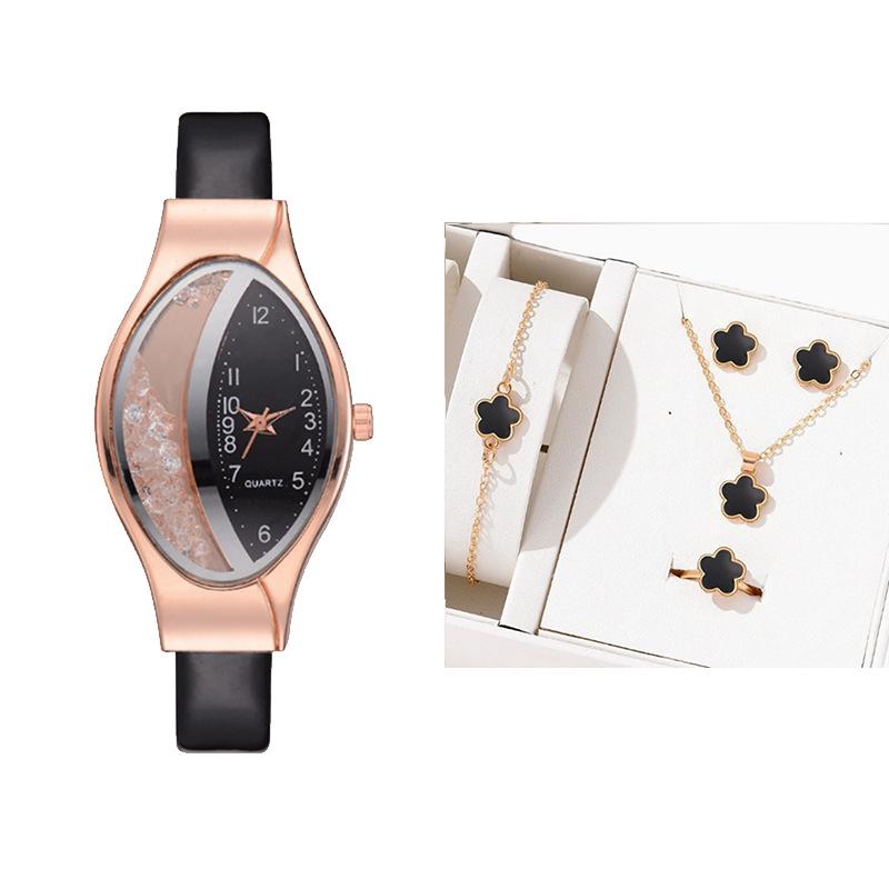 Fashionable Women's Rhinestone Leather Strap Watch with Flowing Sand Design