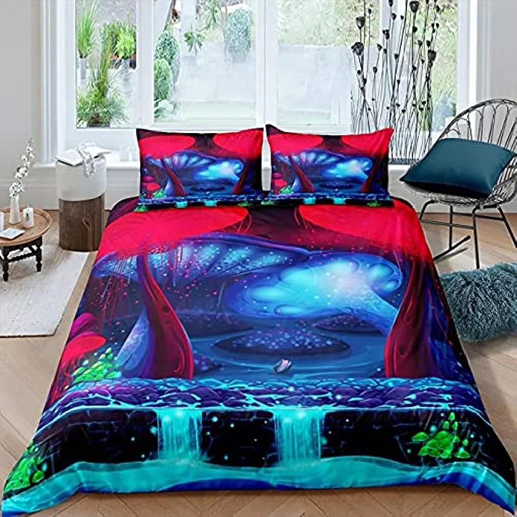Blue Purple Beding Mushrom Soft Duvet Cover Set Fantasy Galaxy Sky Mushrom Design Psychedelic Young Boys Young Girls Gifts Bedrom Decoration