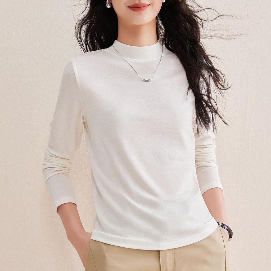 Women’s Tencel Wool Long Sleeve Stand Collar T-Shirt, Spring 2026, Thin White Base Layer, Set-in Shoulders