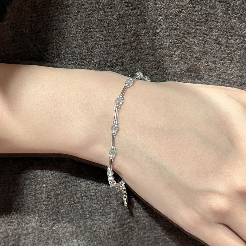Handmade Korean Design 925 Sterling Silver Sea Blue Crystal Beads Beaded Bracelet for Women