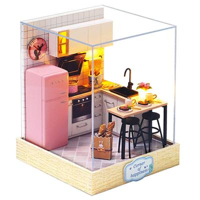 Moin Moin Scale Dollhouse Miniature DIY Kit Set Bunny House Collection for Beginners Pink Rabbit with Two Size Settings LED Light Acrylic Case