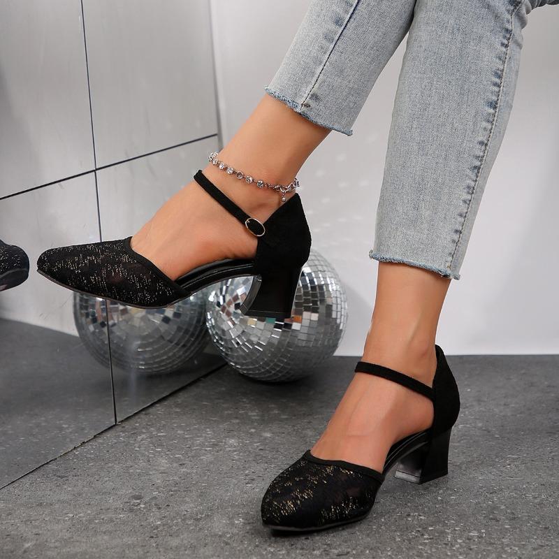 Fashion 2024 Spring and Summer Fashionable Women's Sweet High Quality Black Leather Buckle Strap Toe Sandals Cool European High Heels