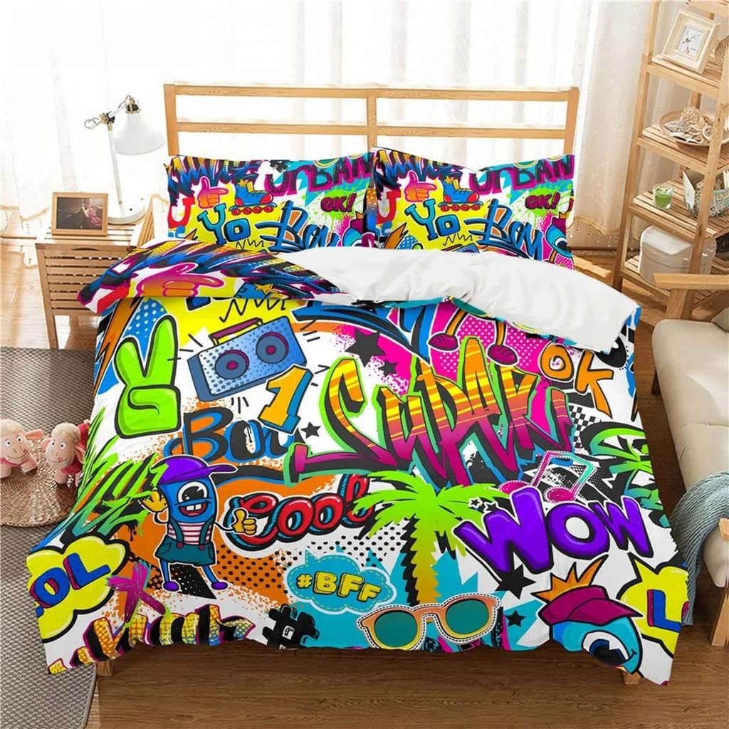 Mode 3D Cartoon Graffiti Print Polyester Bettwäsche-Sets Kind Kinder Abdeckungen Jungen Bettwäsche Set für Teens King Size Home Textilien