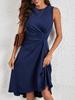 Women's Round Neck Sleeveless Solid Color Ruched Asymmetric Hem Elegant Midi A Line Dress