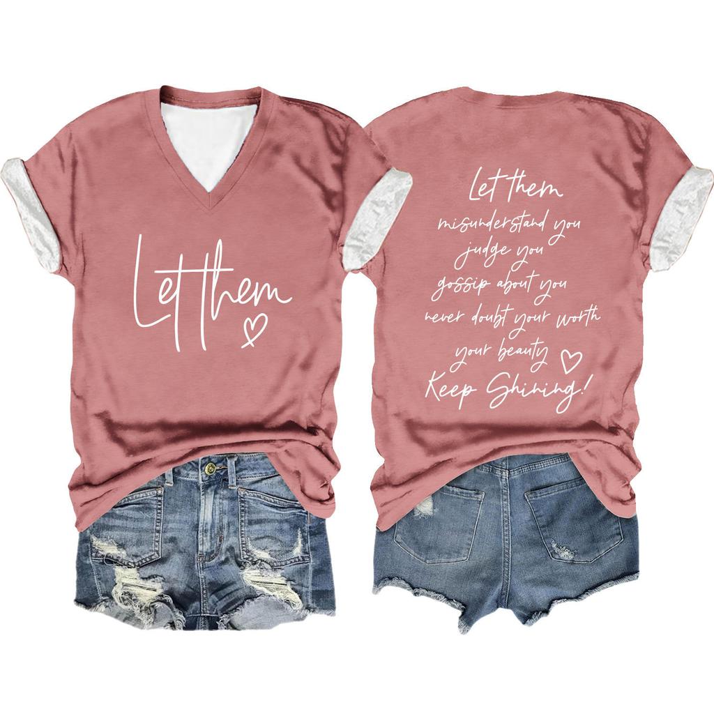 Letni top z dekoltem w serek i nadrukiem litery 3D Modne casualowe damskie T-shirty z krótkim rękawem