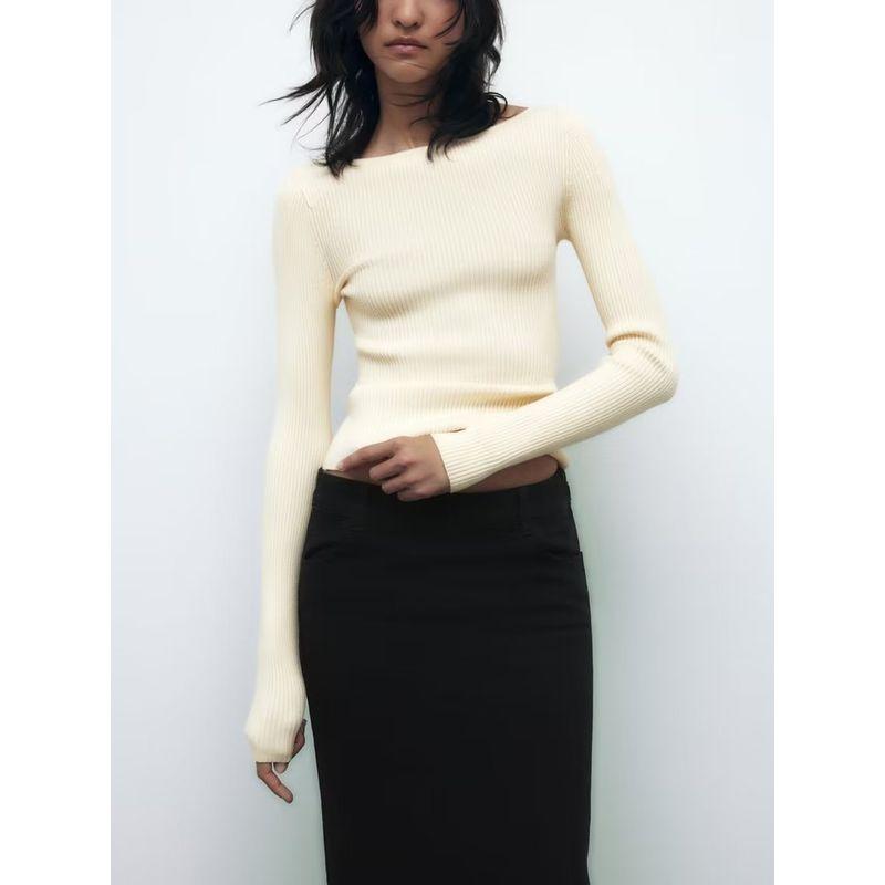 Basic Straight-leg Silm off-Neck Long Sleeves Rib Sweater