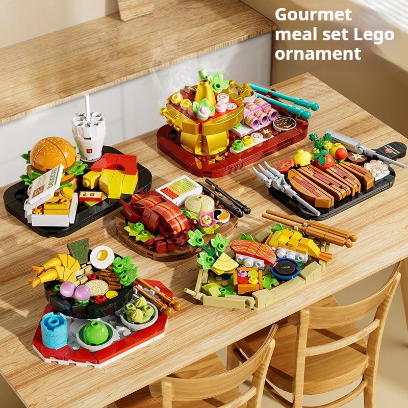 Building Blocks Children's Educational Assembly Food Model Compatible with Lego Boy Puzzle Steak Hamburger Hot Pot Toy