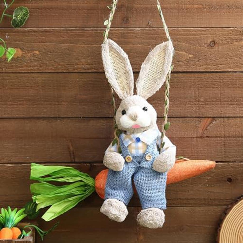 A84E-Easter Straw Bunny Figurine, Straw Rabbit On Carrot Swing, Bunny Statue Hanging Ornament for Easter Holiday Home Decor B