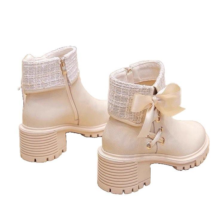 [Genuine Leather] Xiaoxiangfeng Short Boots Women's Autumn and Winter Velvet Bow French Sweet Versatile and Ankle Boots Martin Boots Tide