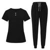 Nursing Scrub Set Women Quick Dry Fabric V Neck Short Sleeve Top with Pockets and Elastic Waist Long Pants Medical Uniform Workwear Set