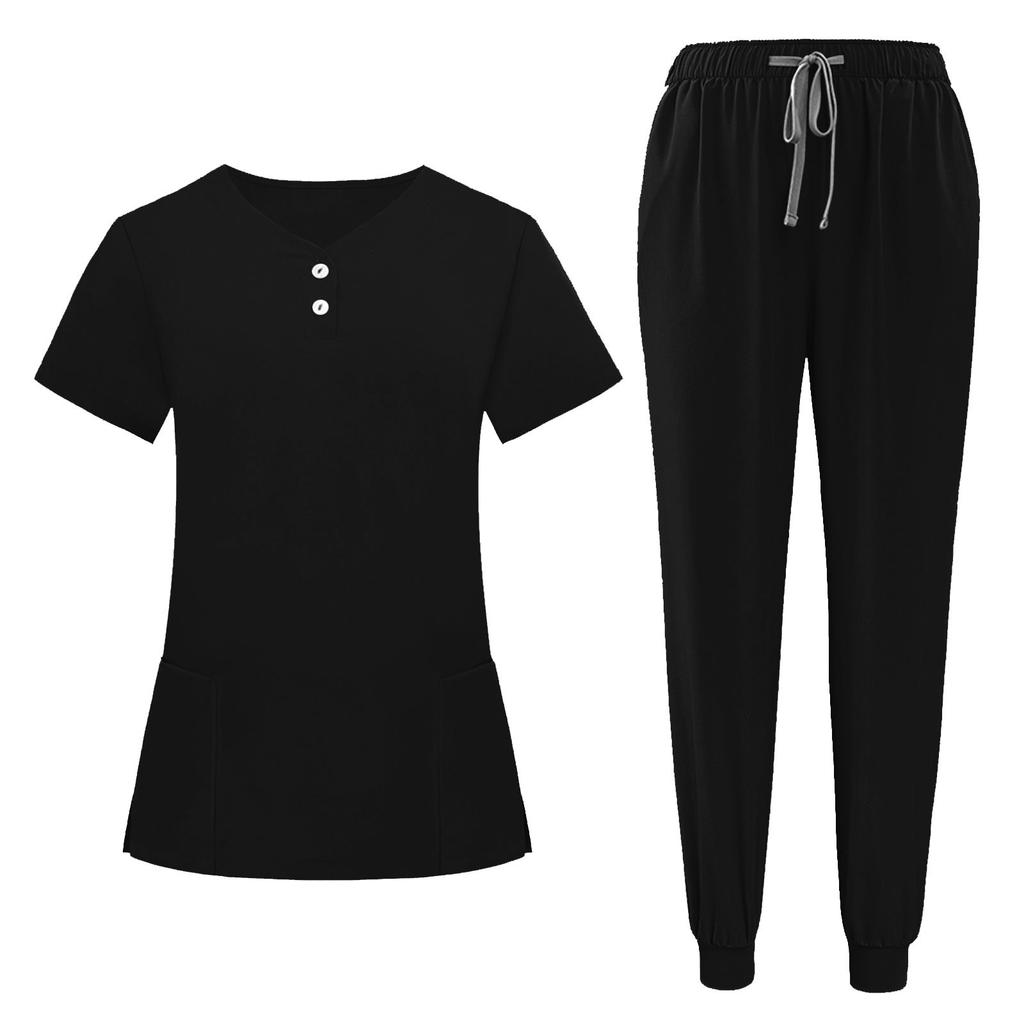 Nursing Scrub Set Women Quick Dry Fabric V Neck Short Sleeve Top with Pockets and Elastic Waist Long Pants Medical Uniform Workwear Set