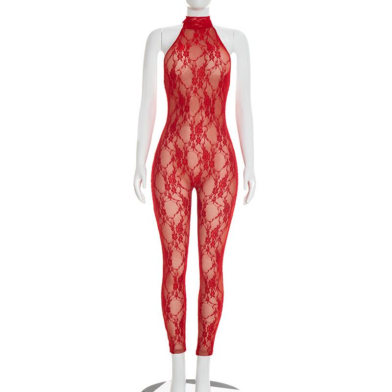 

European Lace Halter Tie-Up Sleeveless Jumpsuit Large