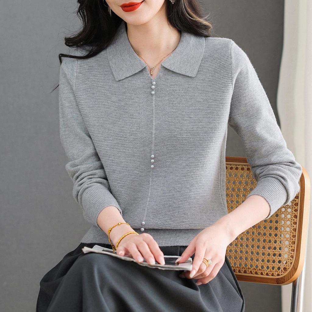 2025 Fashion Women's Solid Color Long Sleeve Knit Polo Shirt