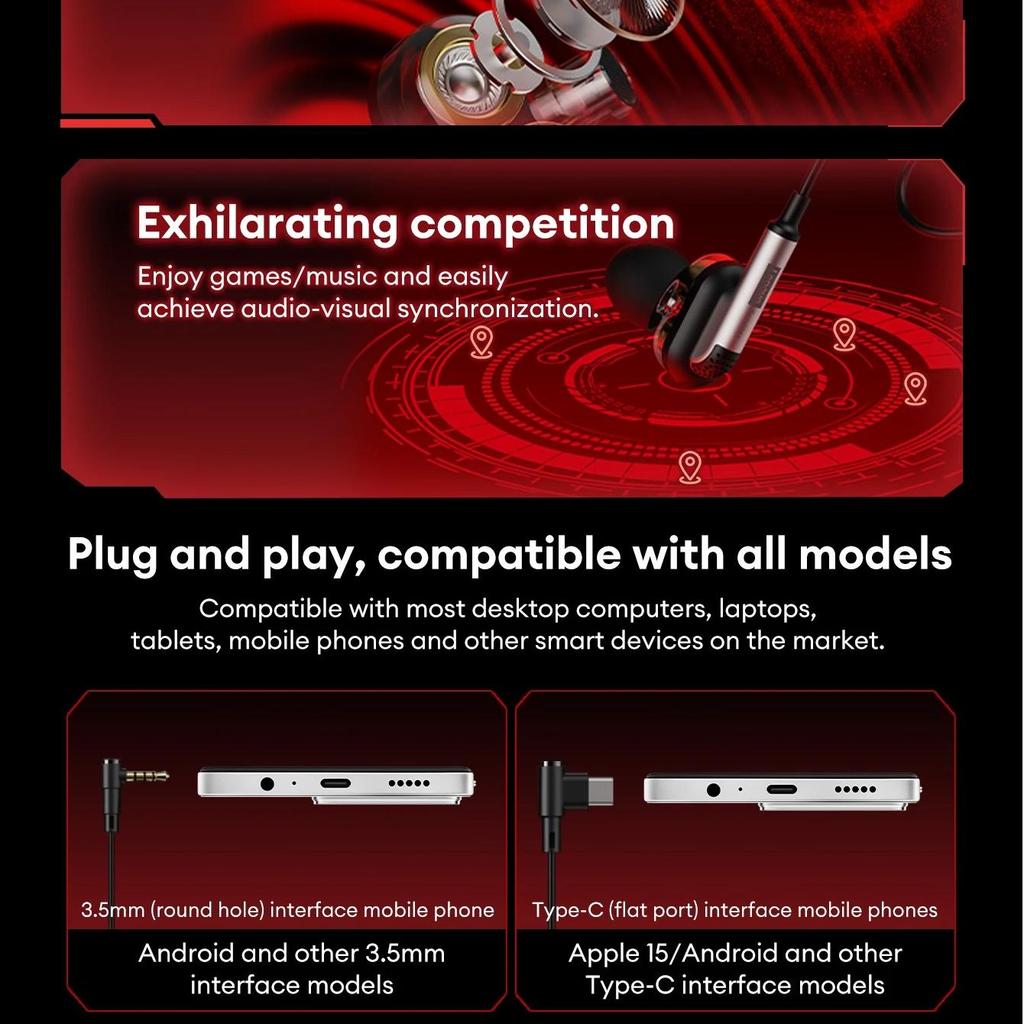 Original Lenovo YF45 Gaming Earphones Wired in Ear Headphones Type-C/3.5mm With Mic Microphone Sound Noise Isolation for PC Phone Laptop NEW