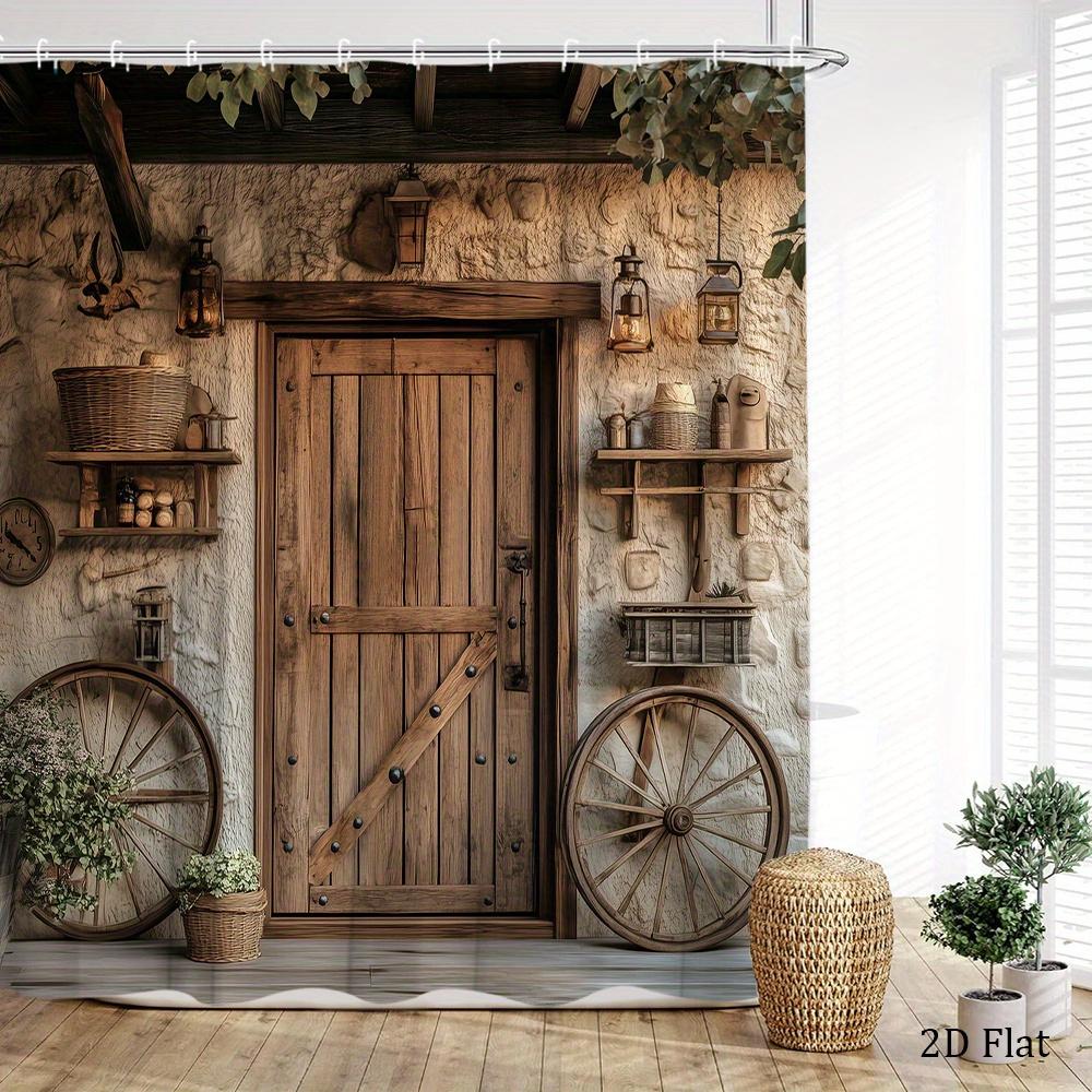 

Farmhouse Shower Curtain 180x180cm – Rustic Wood Wheel & Barn Door Design, Country Bathroom Decor, 12 Hooks 90X180cm(35x70in)