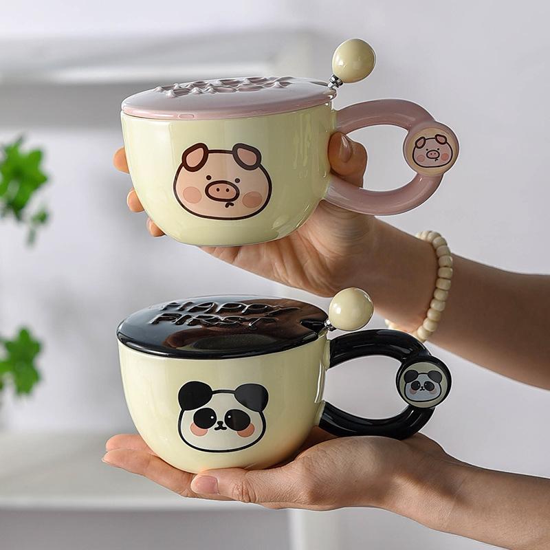 Breakfast Cup with Lid with Spoon for Women with High Appearance High Temperature Resistance Wide Mouth Couple Ceramic Cup for Household Use